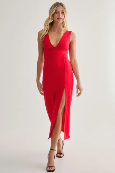 Plunging V-Neckline Split Midi Dress